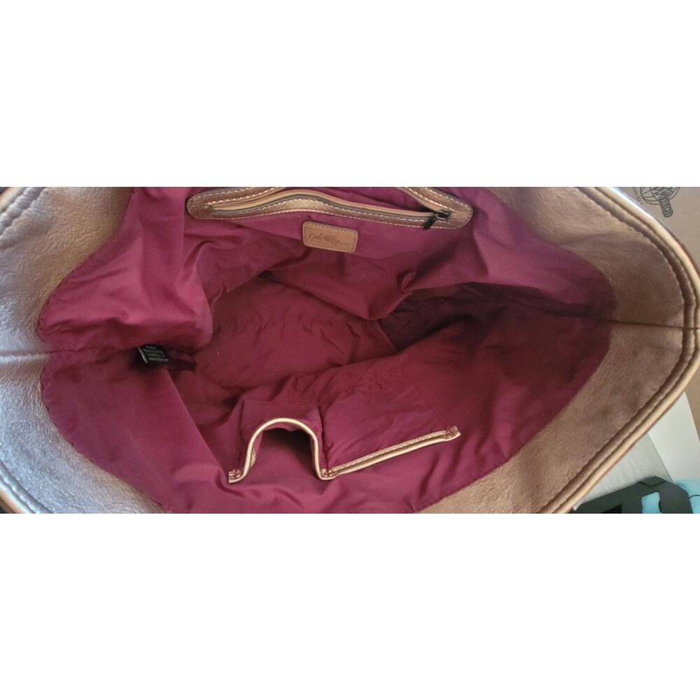 Brown Embossed Vegan Leather Carry Bag Metallic Bronze Base Leopard Print Tassel - Picture 7 of 11